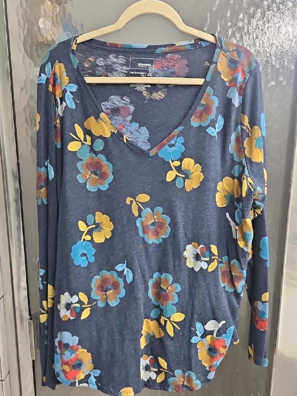 Sonoma Navy Blue Floral V-Neck Long Sleeve Top